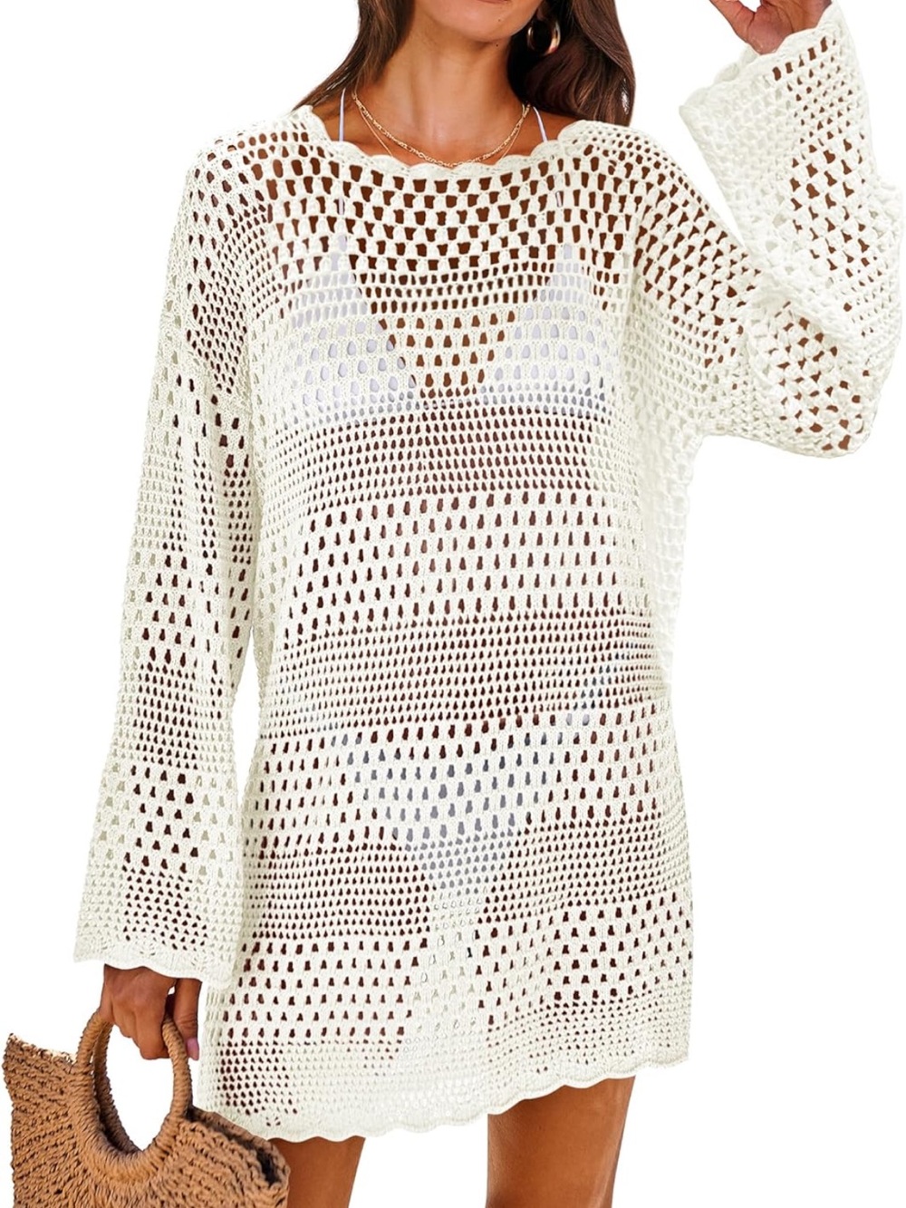 Women's Cream White Crochet Swimsuit Cover-Up